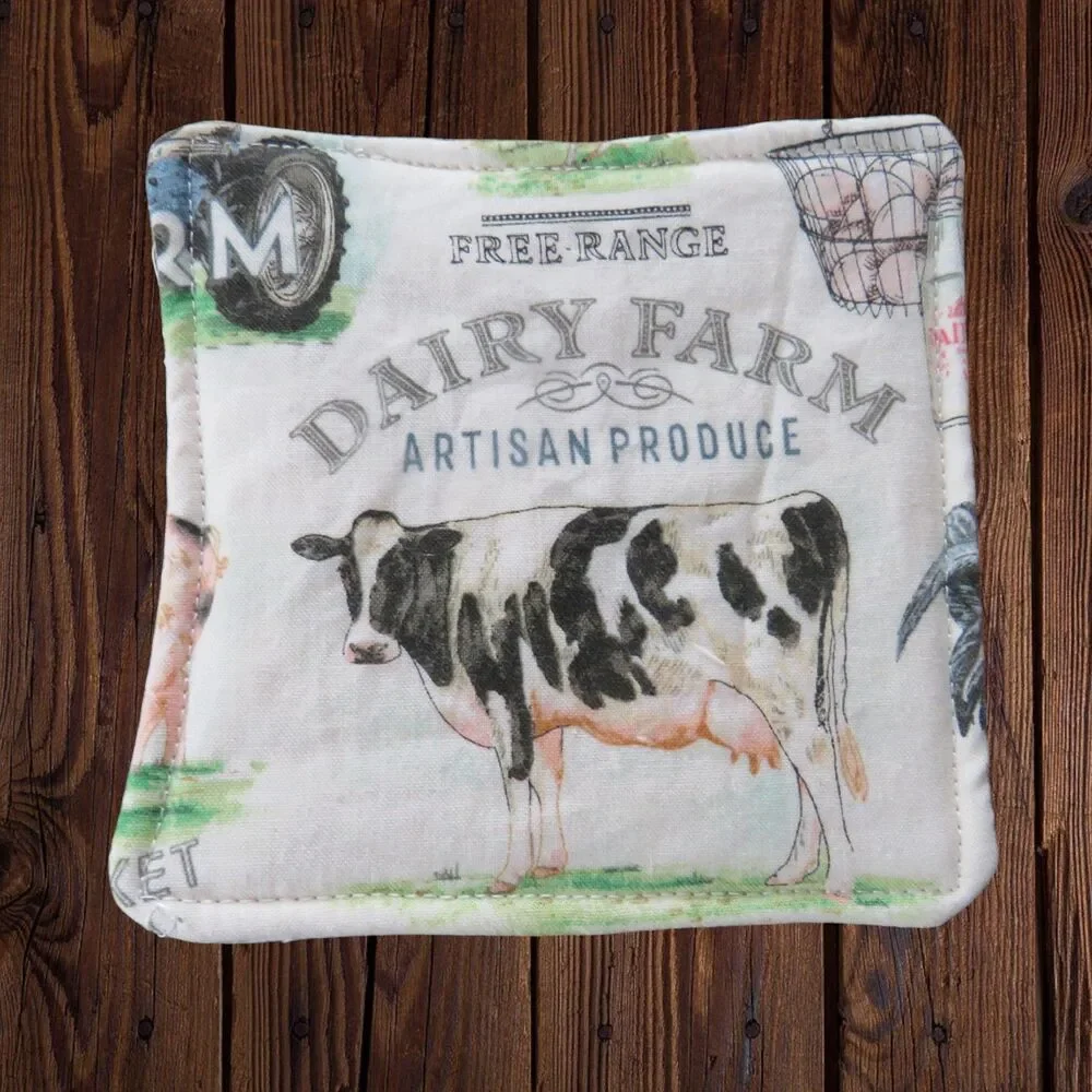 Fabric Coasters, Set Of 4, Farm Animal Reversible Country Floral Mug Rugs